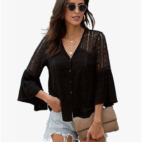 The Unbranded Brand Tops - Bell Sleeve Blouse Black Crochet Lace Boho Peasant Festival Date Casual Hippie L